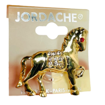 Jordache Brooch Horse Pin Pony Gold Tone Rhinestones Vintage New Old Stock 1.75” - £11.95 GBP