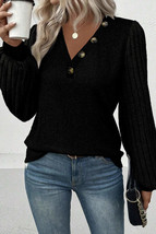 Black Buttoned V Neck Ribbed Puff Sleeve Top - £12.97 GBP