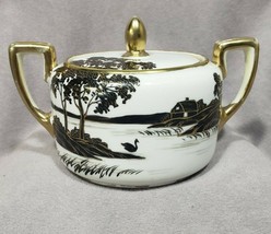 Vintage Noritake Sugar Bowl Black Gold China Morimura Swan Lake Shadow Rare - £7.84 GBP