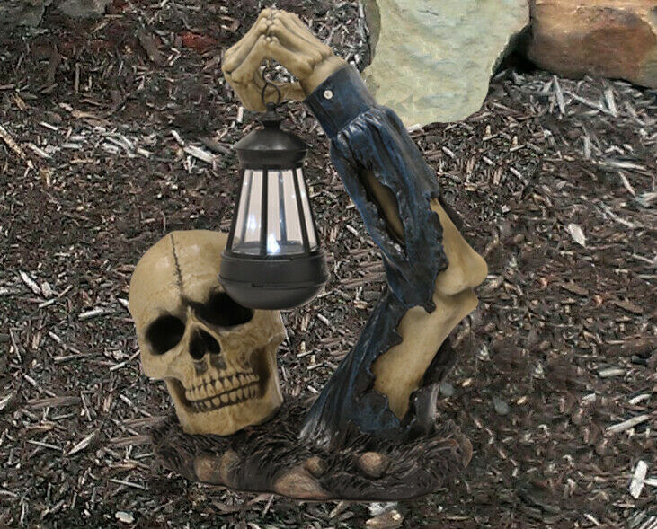 Death Skull Skeleton Rising from The Grave Holding Solar Lantern LED Statue