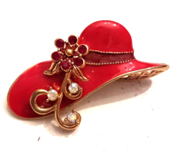 Avon Aurora Borealis Rhinestone Flower Floppy Hat Pin 2" Shiny Red Enamel Brooch - $15.78