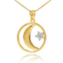 14k Solid Gold Diamond Crescent Moon and Star Islamic Pendant Necklace - £151.76 GBP+