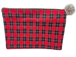 Classic Buffalo Plaid Flannel With Glam Pom Pom Zipper Pull Purse, Makeu... - £8.98 GBP