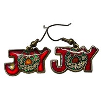 Joy Christmas Wreath Earrings Red Enamel Vintage Holiday Jewelry - $11.88