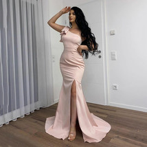 Sexy Pink Satin Mermaid Prom Dress One Shoulder High Split Evening Gowns - £119.47 GBP