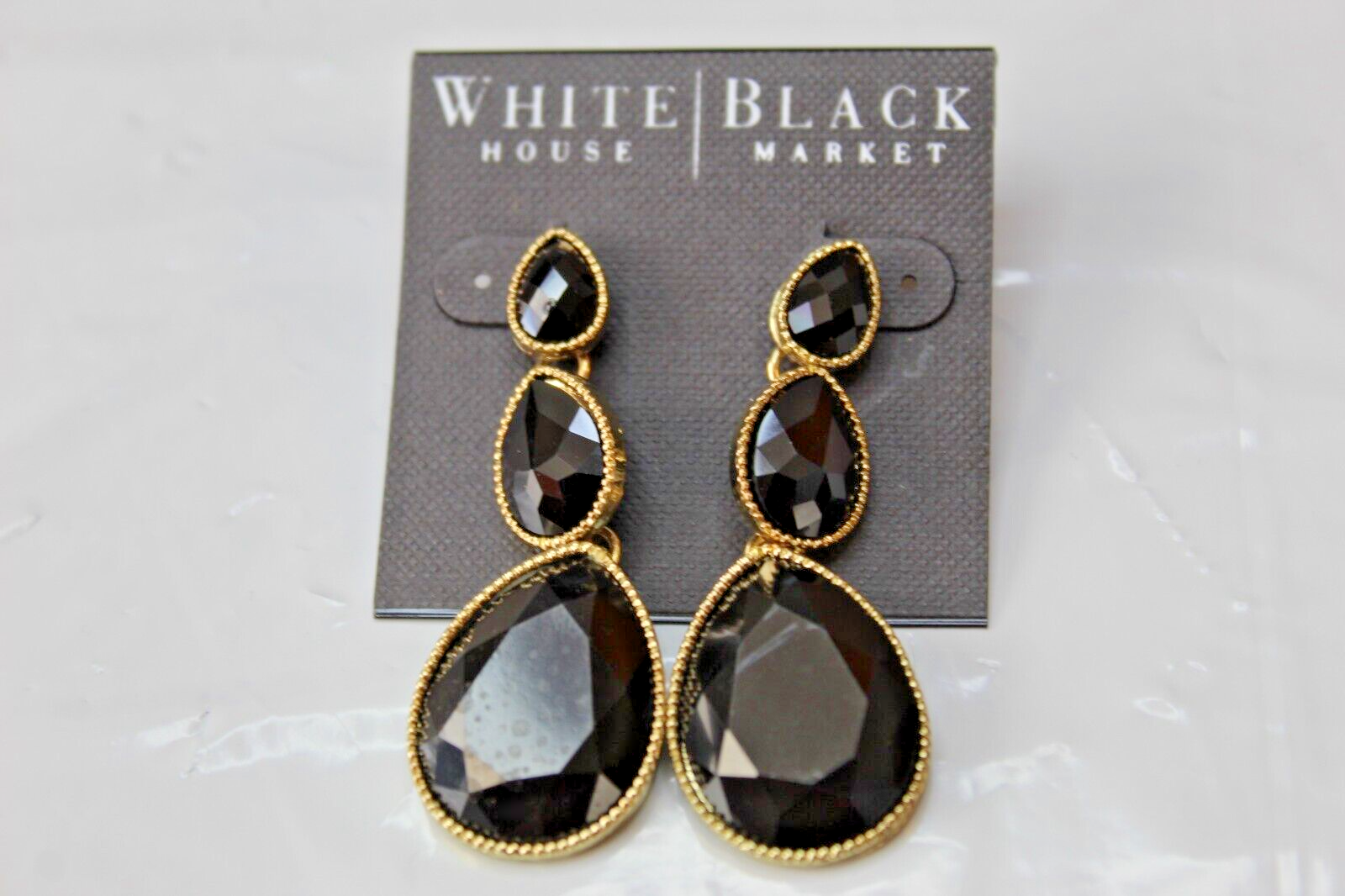 White House Black Market Stud Back Black Multi Faceted Earrings Gold Tone Dangle - £14.18 GBP
