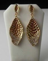 Fashion Leaf Shaped Gold tone Earrings W/Faux Crystal Stones 2.5" Long - $15.99