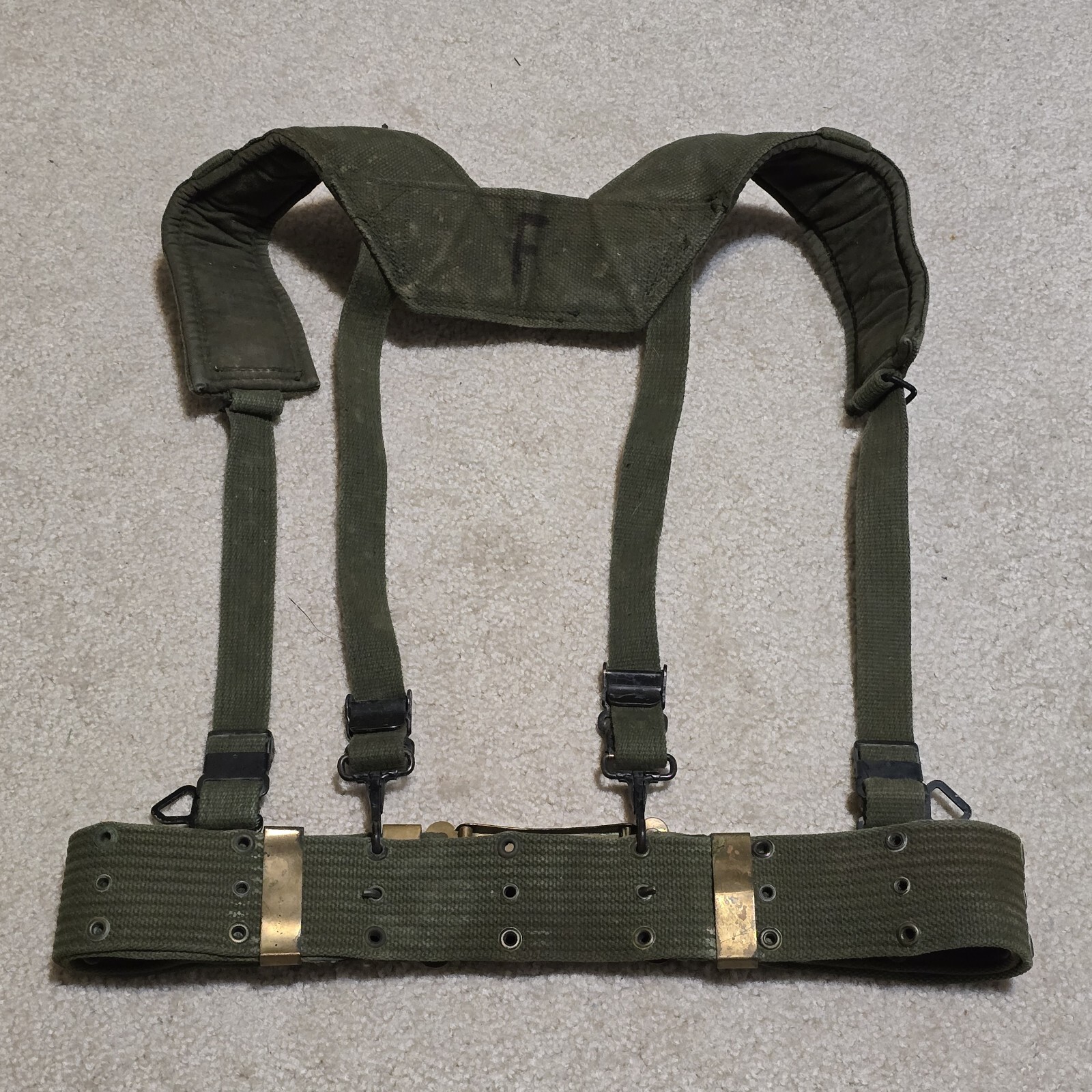 VTG USMC M1956 Horizontal Weave LBE OD Web Belt Size L Suspenders Brass Buckle Item image 4