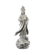 KWAN YIN ON LOTUS PEDESTAL STATUE 12.5&quot; Buddhist Goddess White Marble Re... - $72.95