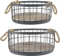 Stonebriar 2 Pc. Round Stackable Metal Wire And Wood Basket Set With Rope - £37.63 GBP