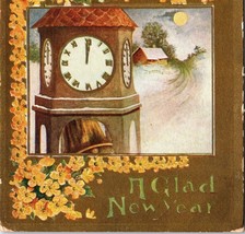 c1920 Glad New Year Greeting Postcard Flowers Art Deco Gold Background - £5.22 GBP