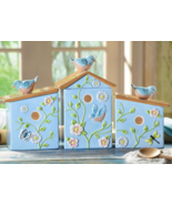 Collections Etc 3 Pc Birdhouse Canister Set Blue Floral Birds kitchen - $39.60