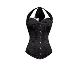 Black Corset Brocade Net Halter Neck Gothic Halloween Costume Bustier Overbust - £43.95 GBP