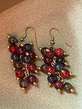 Cranberry Green Blue &amp; Purple Plastic Beads on Goldtone Chain Dangle Ear... - £10.43 GBP