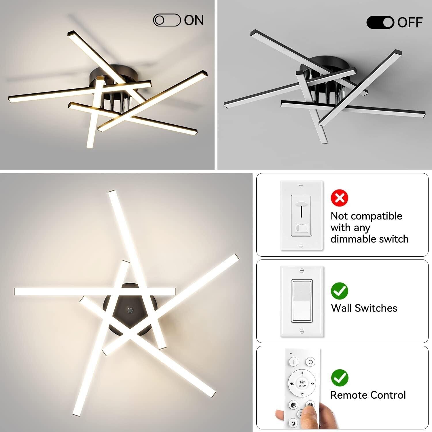 JFHTNFJ 5 Light Black 42w Modern Sputnik LED Ceiling Light Dimmable w Remote Item image 3