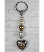 Heart Crown Glass Pearl Beaded Handmade Keychain Split Key Ring Ivory Go... - £15.56 GBP