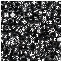 BeadTin Black Opaque 6mm Cube Plastic Alphabet Beads- White Letter N (80... - $2.09