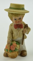 Little Boy Holding Fruit Basket And Cane Ceramic Figurine 4.25&quot; Tall Collectible - £9.15 GBP