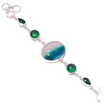 Large Green Lace Agate, Diopside Gemstone 925 Silver Overlay Handmade Bracelet - £13.33 GBP
