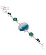 Large Green Lace Agate, Diopside Gemstone 925 Silver Overlay Handmade Br... - $23.18 CAD