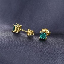 4mm Lab-Created Green Emerald Solitaire Stud Earrings 14K Yellow Gold Plated - £58.47 GBP