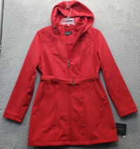 Ellen Tracy Trench Coat Womens Medium Red Belted Fleece Lined Hooded Full Zipper - $37.04