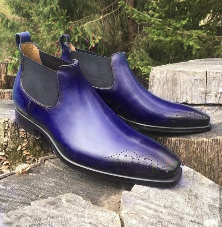 New Handmade Men's Half Ankle Chelsea Boot, Blue Black Tone Leather Chelsea Boo