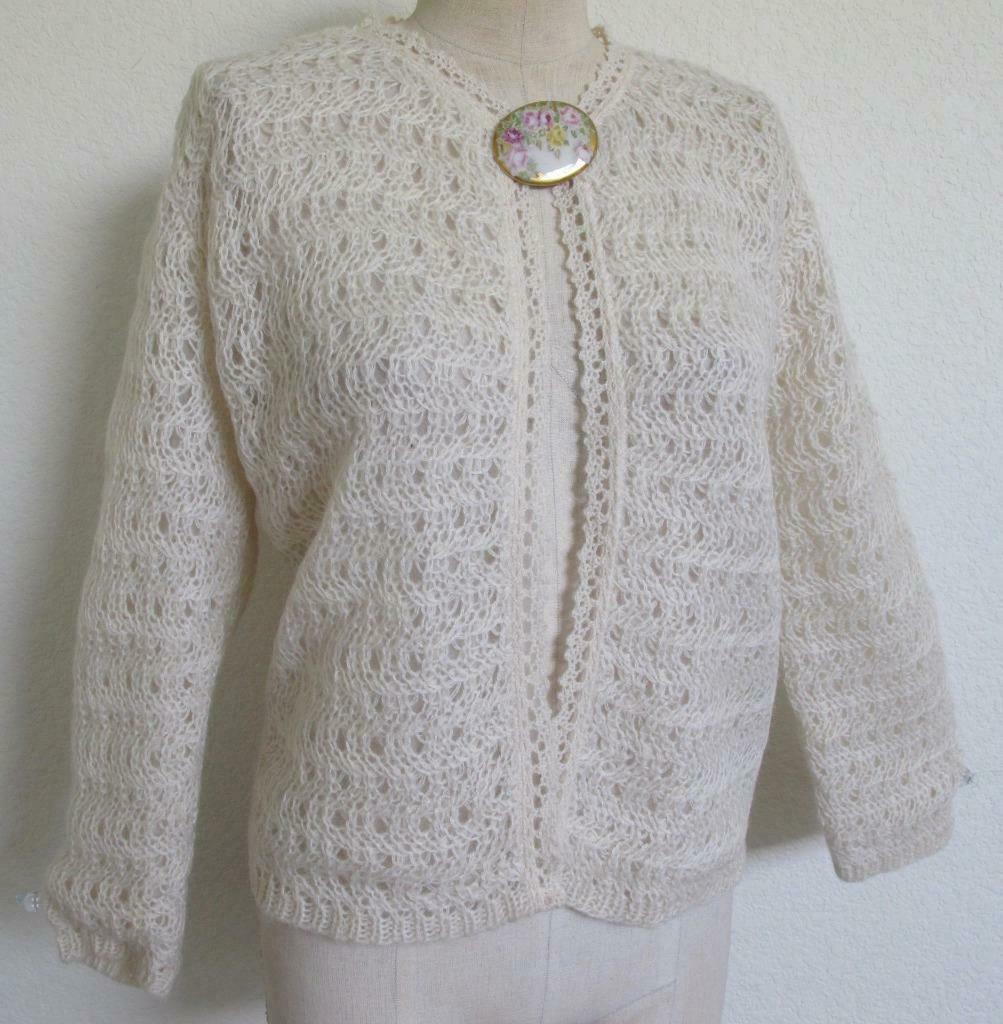 Primary image for Vintage Ivory Mohair Blend Crochet Open Lace Cardigan Sweater Chiffon Lined SG