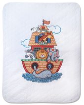 Tobin Noah&#39;s Ark Stamped for Cross Stitch Baby Quilt Kit, White/Multicol... - $42.75
