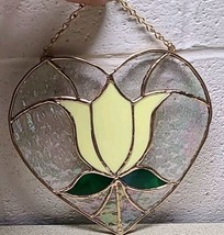 HEART SHAPED HANGING STAINED GLASS TULIP w/BEADING SOLDER IRON EDGING SU... - £18.40 GBP