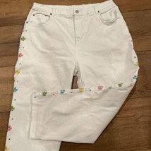 Quacker Factory White Denim Embroidered Cropped Ankle Pants Jeans 18W Floral - $21.29