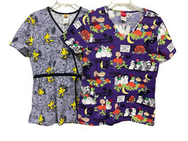 Lot of 2 Peanuts Snoopy Short Sleeve Pockets  V-Neck Scrub Tops Size Medium - £15.70 GBP