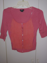 Xoxo Ladies Ss Button Sweater W/SHEER Tiered RUFFLES-JR.M-GENTLY WORN-CUTE - £7.07 GBP
