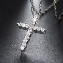 925 Argent Sterling Rond Brillant Coupe Simulé Pendentif Croix Diamant En Chaîne - £74.11 GBP