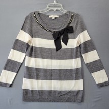 Loft Women Sweater Size XS Gray Wool Preppy Academia Stripe Ribbon 3/4 S... - £10.04 GBP