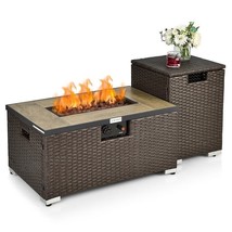 Outdoor Propane Fire Pit with Side Table Tank Holder in Brown PE Rattan - £476.46 GBP