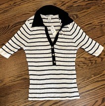 NEW WHBM Outlet Women’s Button Polo Sweater Black/White Stripe Size Larg... - £36.05 GBP