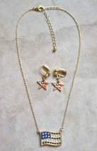 avon rhinestone pave american flag necklace with matching clip earrings new in b - $15.43
