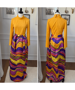 Vintage 70s Keyloun Turtleneck Maxi Dress Quilted Skirt Mod Bold Print S - $184.80 CAD
