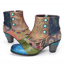 Vintage Splicing Printed Ankle Boots For Women Shoes Woman PU Leather Retro Bloc - £40.00 GBP