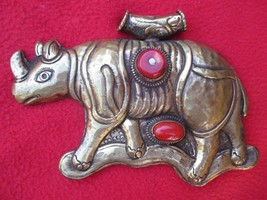 Tantric Buddhist Magnificent Huge Embossed Brass Rhino With Inset Coral Pendant - £48.19 GBP
