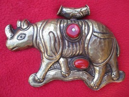 Tantric Buddhist Magnificent Huge Embossed Brass Rhino With Inset Coral ... - £47.07 GBP