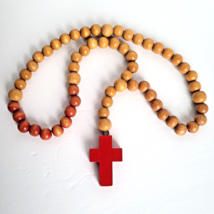 Vtg JUMBO Wood Cross Beaded Rosary Necklace Wooden Christian Prayer Bead... - $21.08 CAD