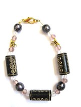 Gold Dragonflies and Black, Gold, Pink, and Gray Bead Bracelet - £11.19 GBP