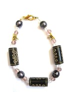 Gold Dragonflies and Black, Gold, Pink, and Gray Bead Bracelet - £10.95 GBP