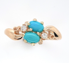 10k Rose Gold Victorian Genuine Natural Turquoise and Diamond Ring 5.5 (#J6569) - £410.71 GBP