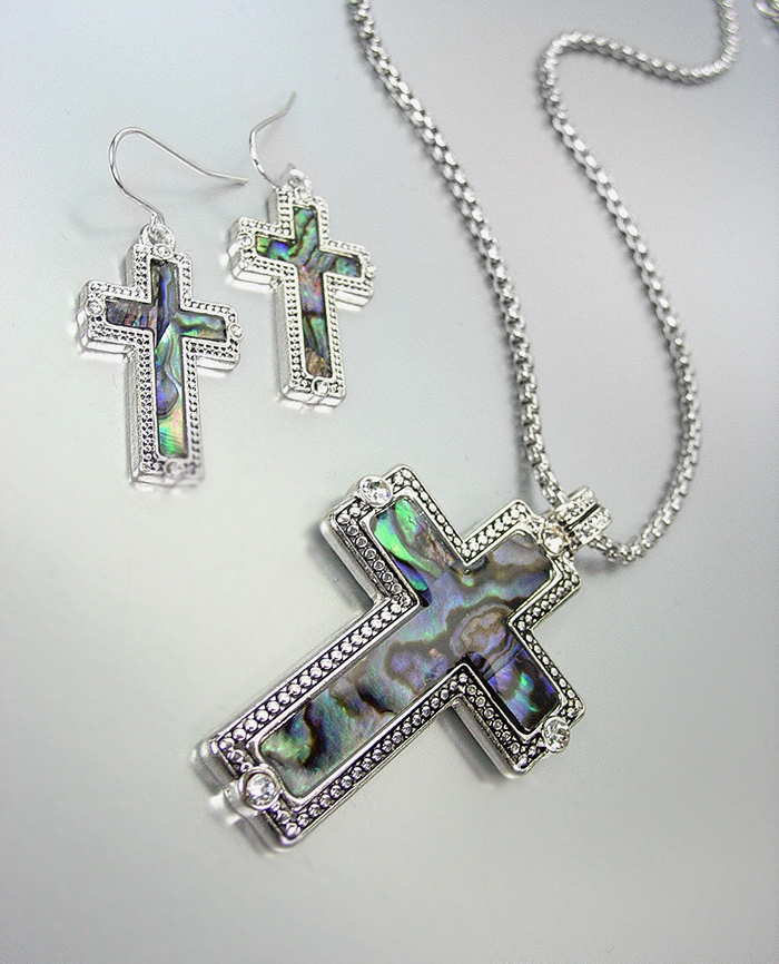 CLASSIC Brighton Bay Silver Dots Mother of Pearl Shell CZ Cross Necklace Set - $22.99