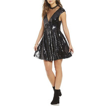 Free People Dance Til Dawn Black Sequin Fit Flare Illusion Lined Dress XS NWT  - £57.69 GBP