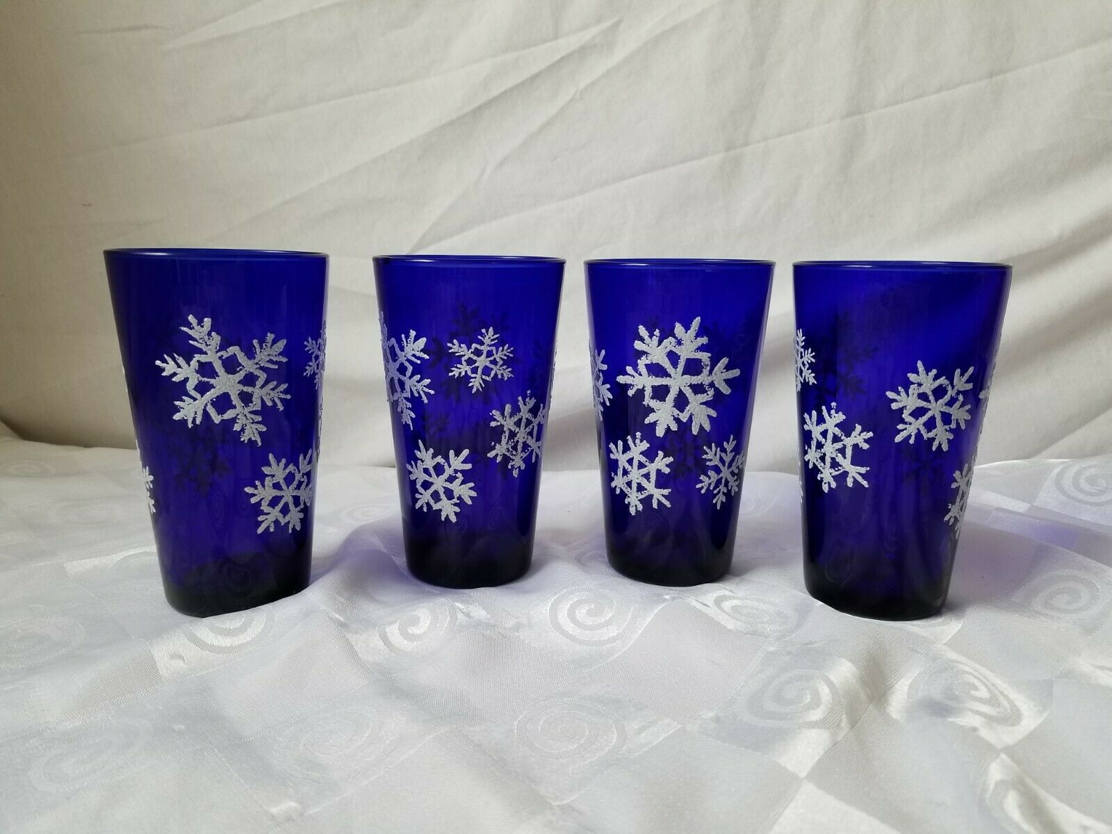 Libbey Cobalt Tumbler Highball Set of 4 Glass Overlay Rigaree Snowflakes Vintage - $37.00