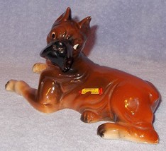Vintage Porcelain Boxer Dog Figurine Lying Down 9 inches - £12.45 GBP